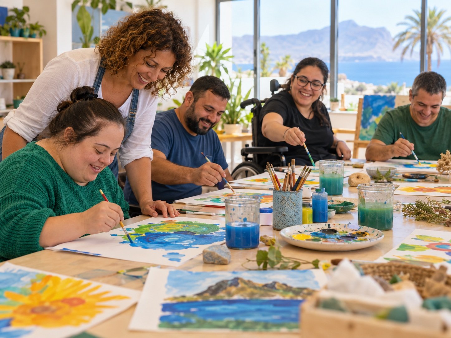 Imagen ilustrativa de un grupo de personas, incluida una persona usuaria de silla de ruedas, participando en una actividad artística